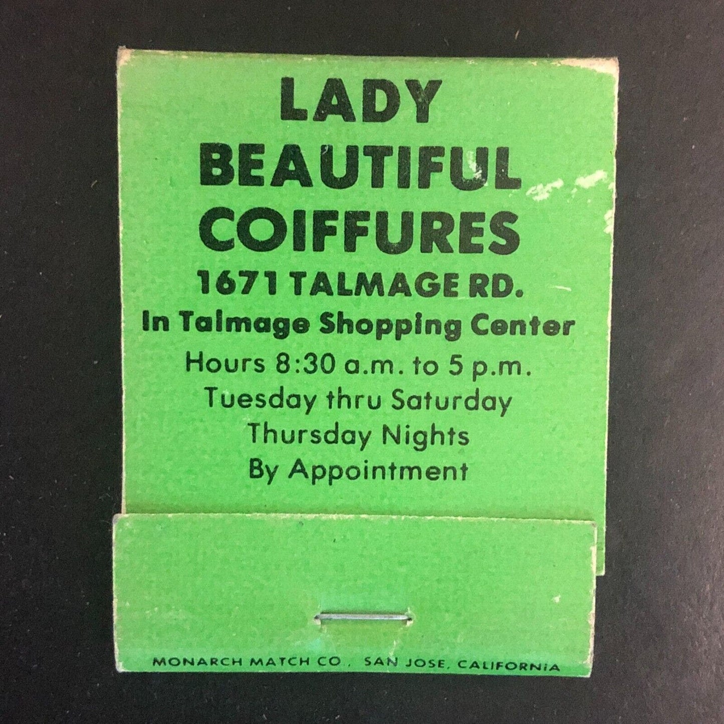Lady Beautiful Coiffures Talmage Shopping Center Full Matchbook c1975-1985