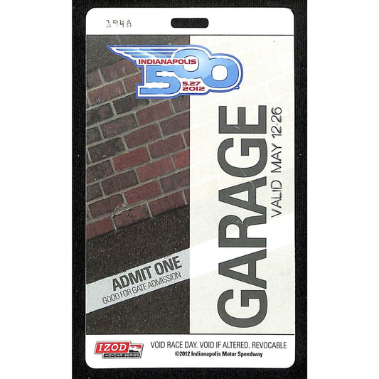 2012 Indy 500 Garage Access Ticket Pass Indianapolis IMS #1948 VGC