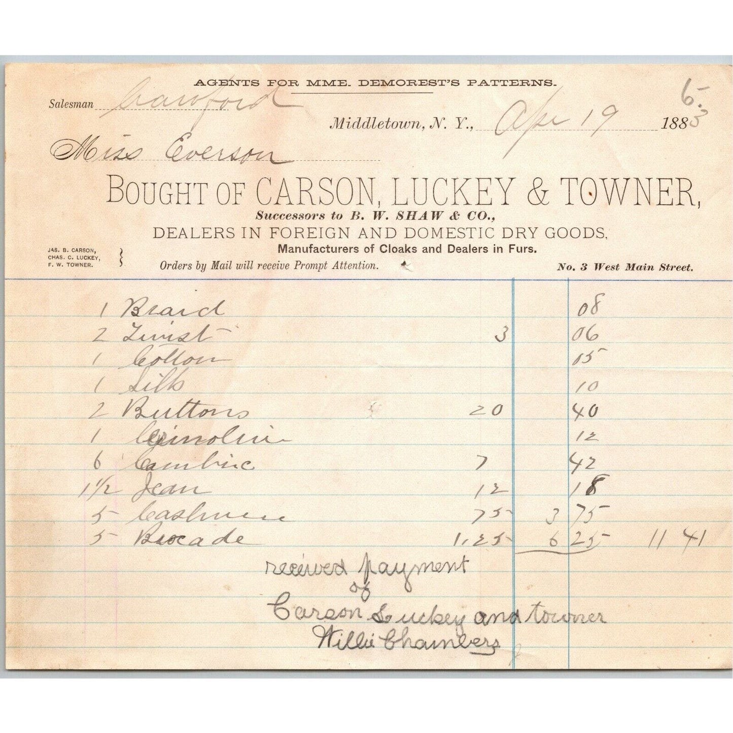 Carson, Luckey & Towner 1885 Letterhead Middletown, LI, NY Dry Goods Cloaks Fur