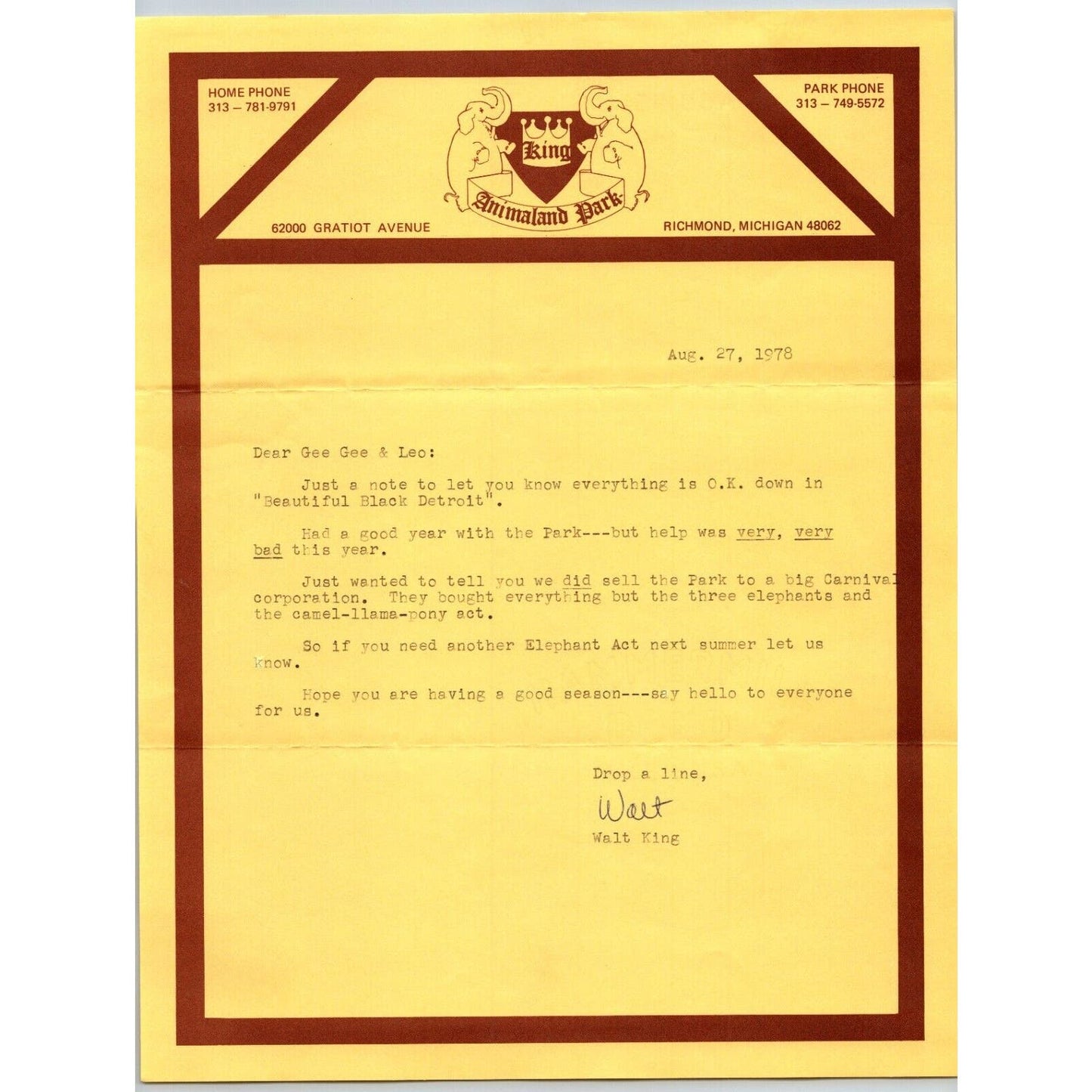 King Animated Park Walt King Circus Letterhead Stationary 1978 Scarce