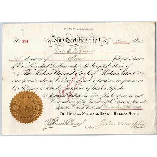 Helena National Bank, Montana 1890 Stock Certificate Cert# 131 for 10 Shares