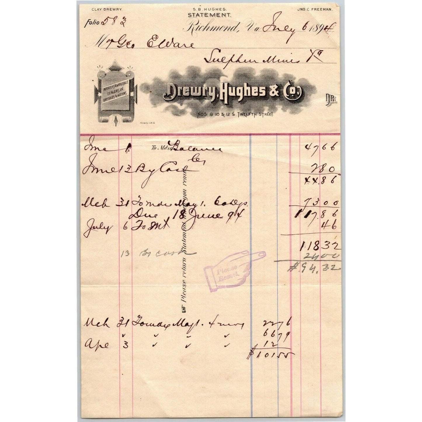 Drewry, Hughes & Co. (Dry Goods) Letterhead Richmond, VA to: Geo. E. Wear 1894