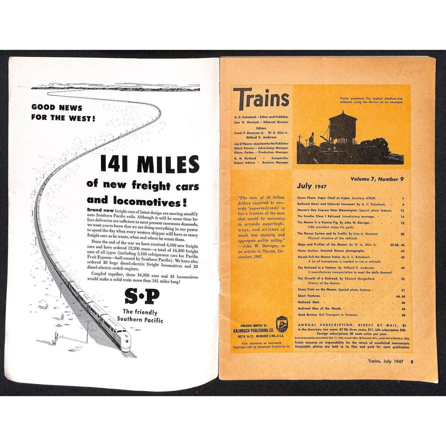 1947 "Trains" Illustrated Railroad Magazine " Vol. 7 No. 9 70pp VGC