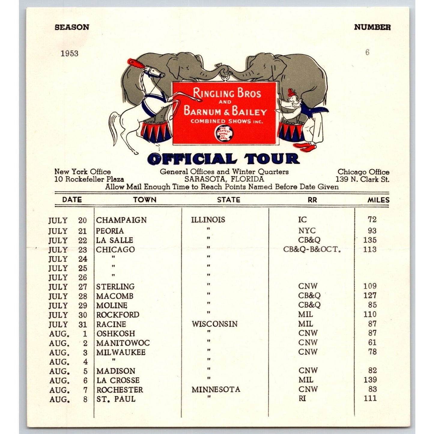 1953 Ringling Bros Barnum Bailey Circus Route Card Chicago La Salle Peoria