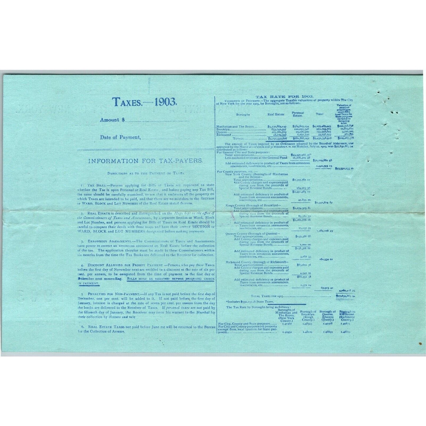 1903 Queens New York Dept of Finance Tax Payment Receipt