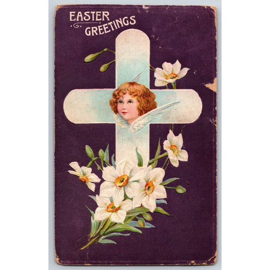 Easter Postcard "A Joyful Easter" Light Texture Angel Floral Cross Emb. PM 1911