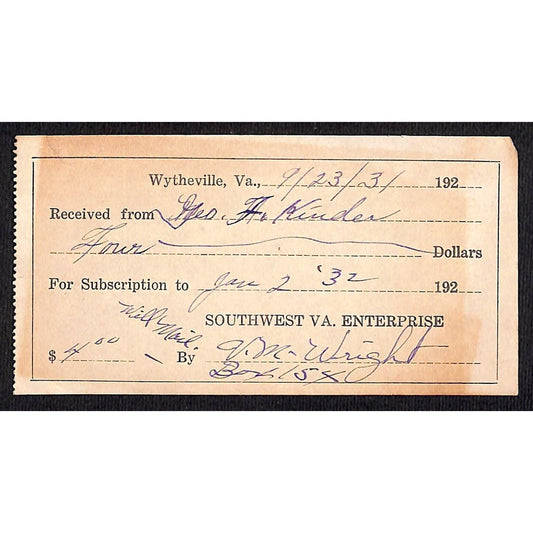 Wytheville, VA "Southwest VA Enterprises" 1931 Subscription Receipt