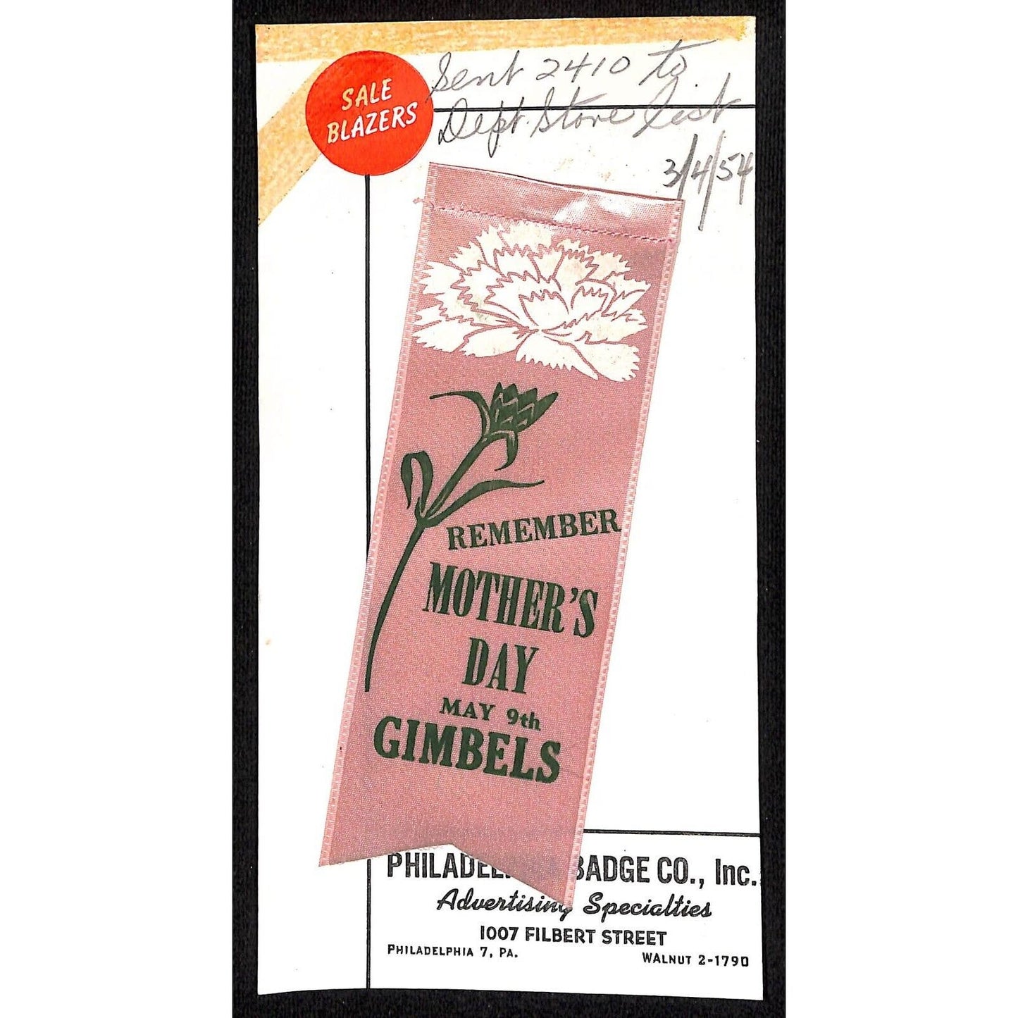 c1954 Gimbles Mother's Day Pinback Ribbon on Catalog Salesman's Sample Card