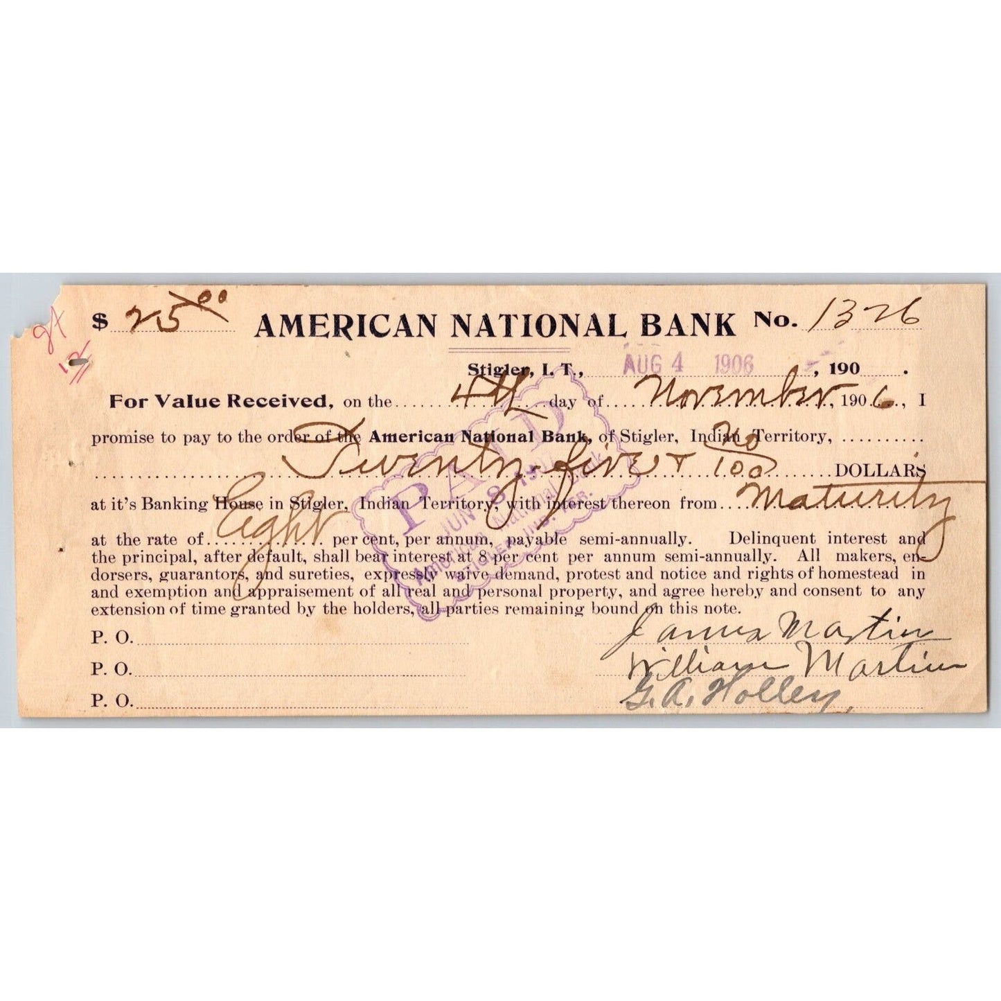 Stigler, Indian Territory Oklahoma 1906 $25 Promissory Note American National
