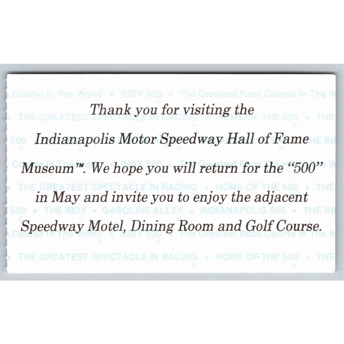 c1980's Indy 500 Hall of Fame Museum Ticket Stub Card Indianapolis #94255