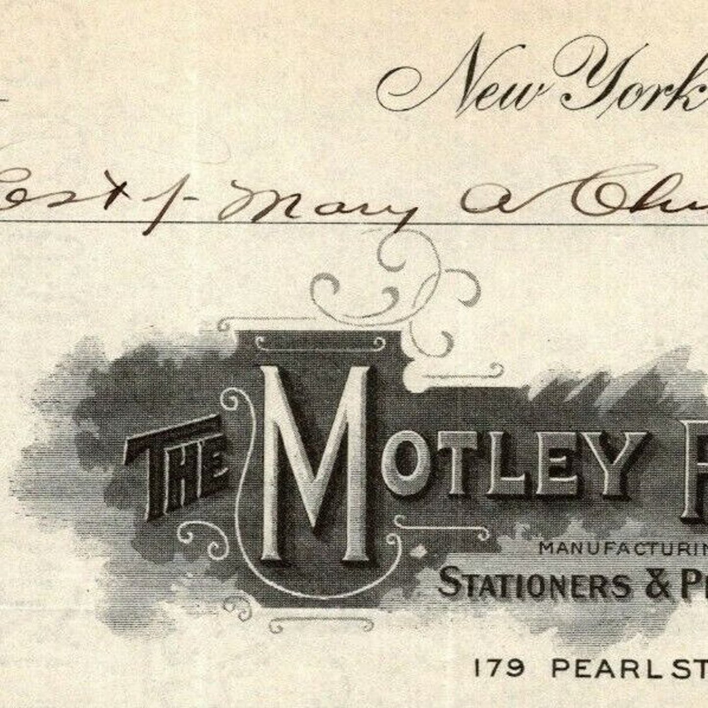 1915 "The Motley Press, Stationers & Printers" Billhead Letterhead Pearl St. NYC