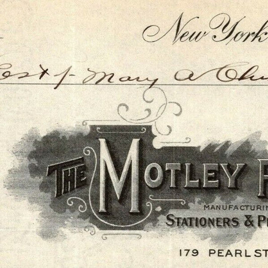 1915 "The Motley Press, Stationers & Printers" Billhead Letterhead Pearl St. NYC
