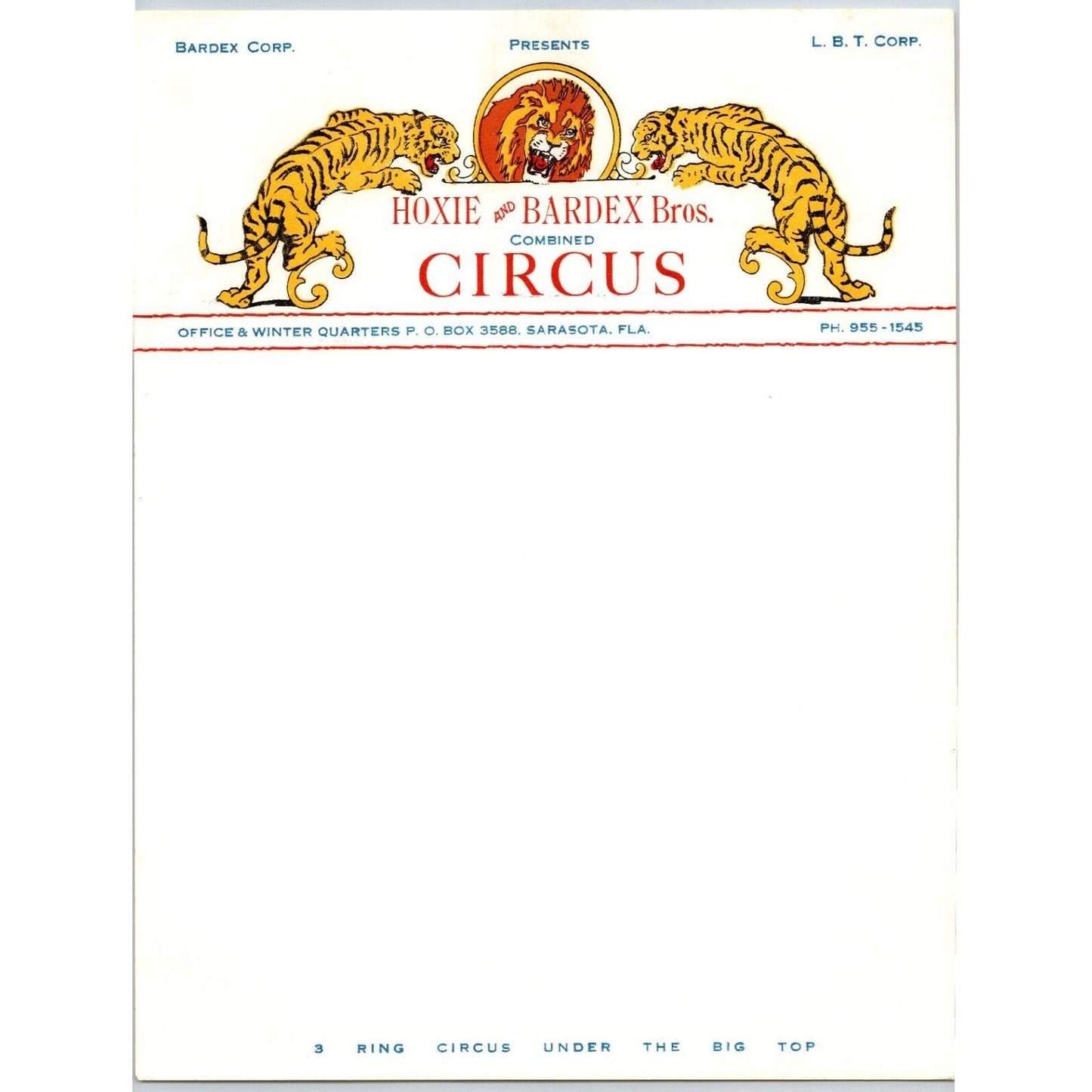 Hoxie and Bardex Bros. Circus Letterhead c1962 Tigers Sarasota Scarce