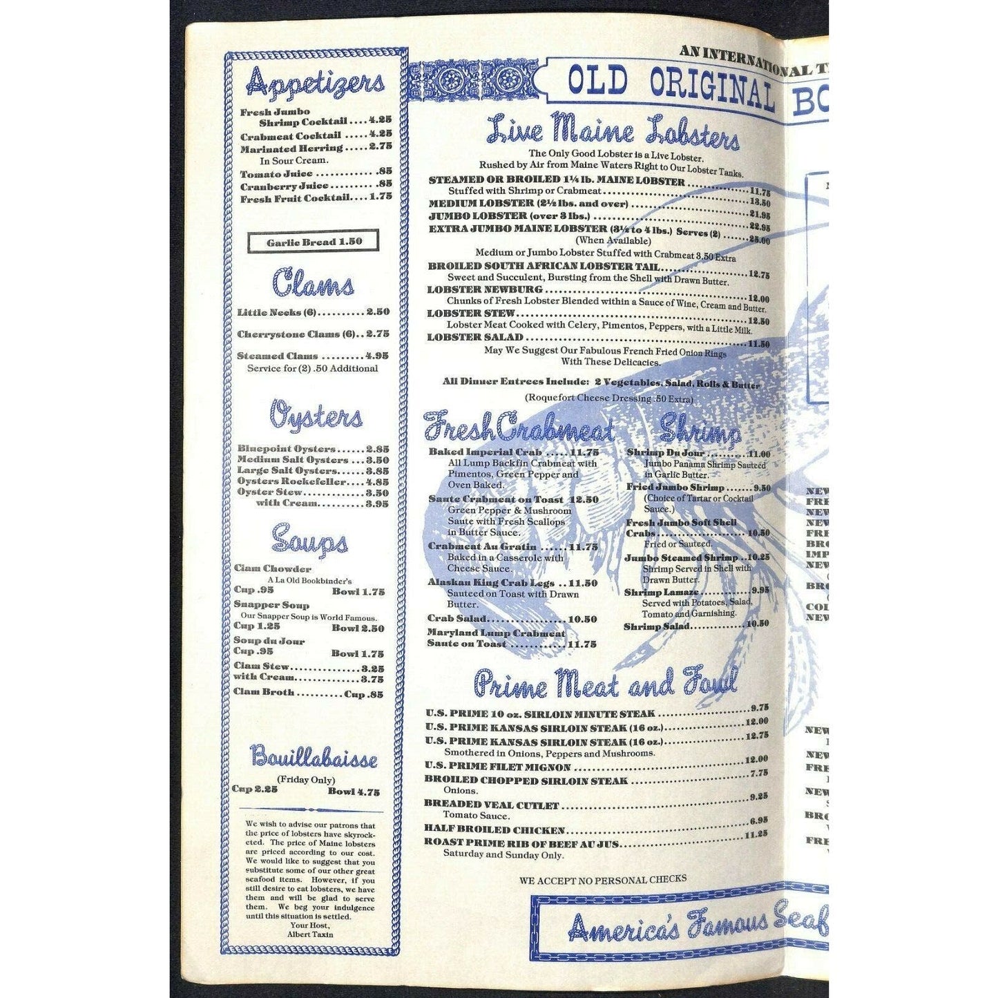 Bookbinder's Menu 1977 Large Restaurant Philadelphia w/ Multi-View Photo Cover