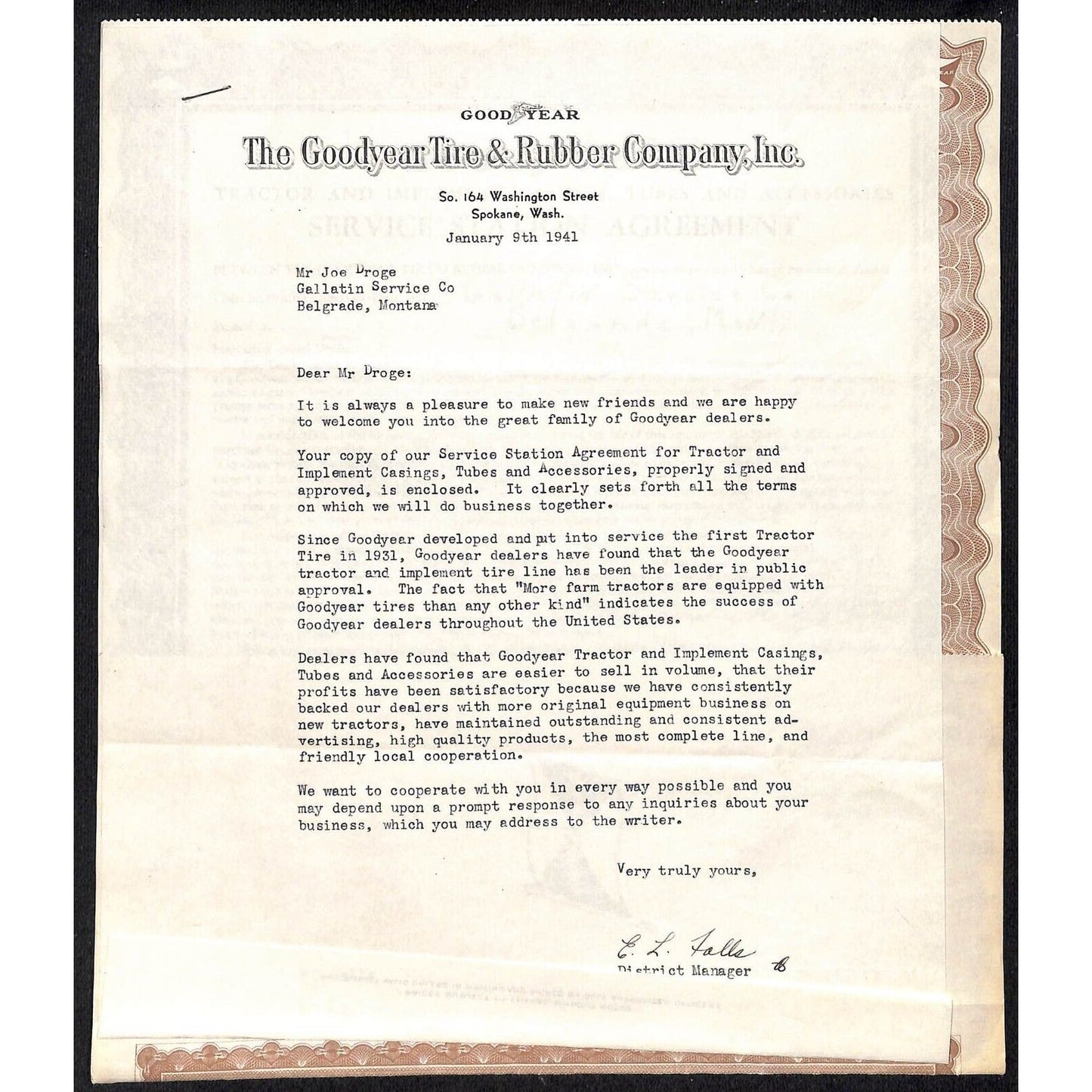 Belgrade, MT Gallatin Service 1941 Goodyear Tire Service Station Agreement Cert+
