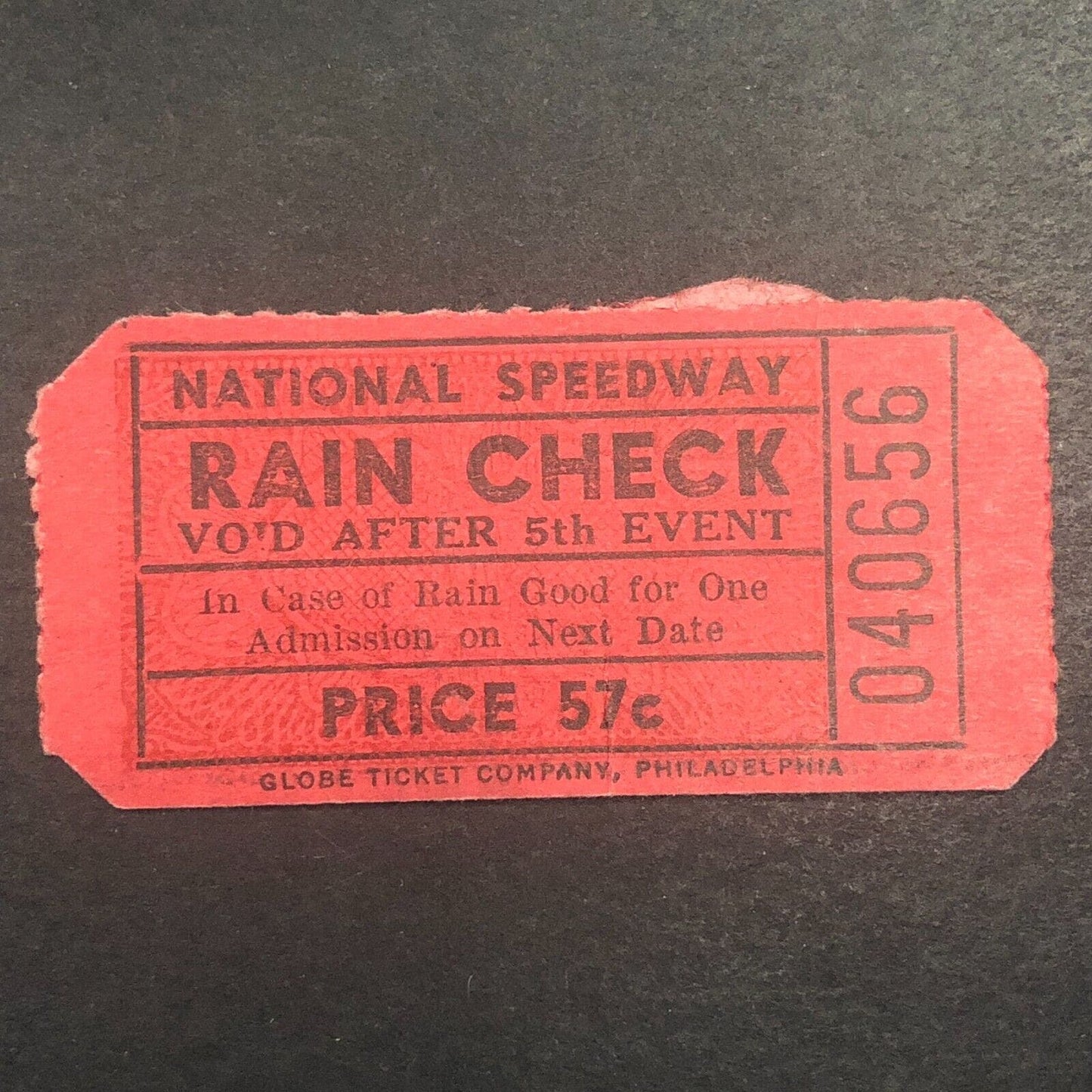 National Speedway 1948 Auto Racing Rain Check Ticket Chas. Miller #040656