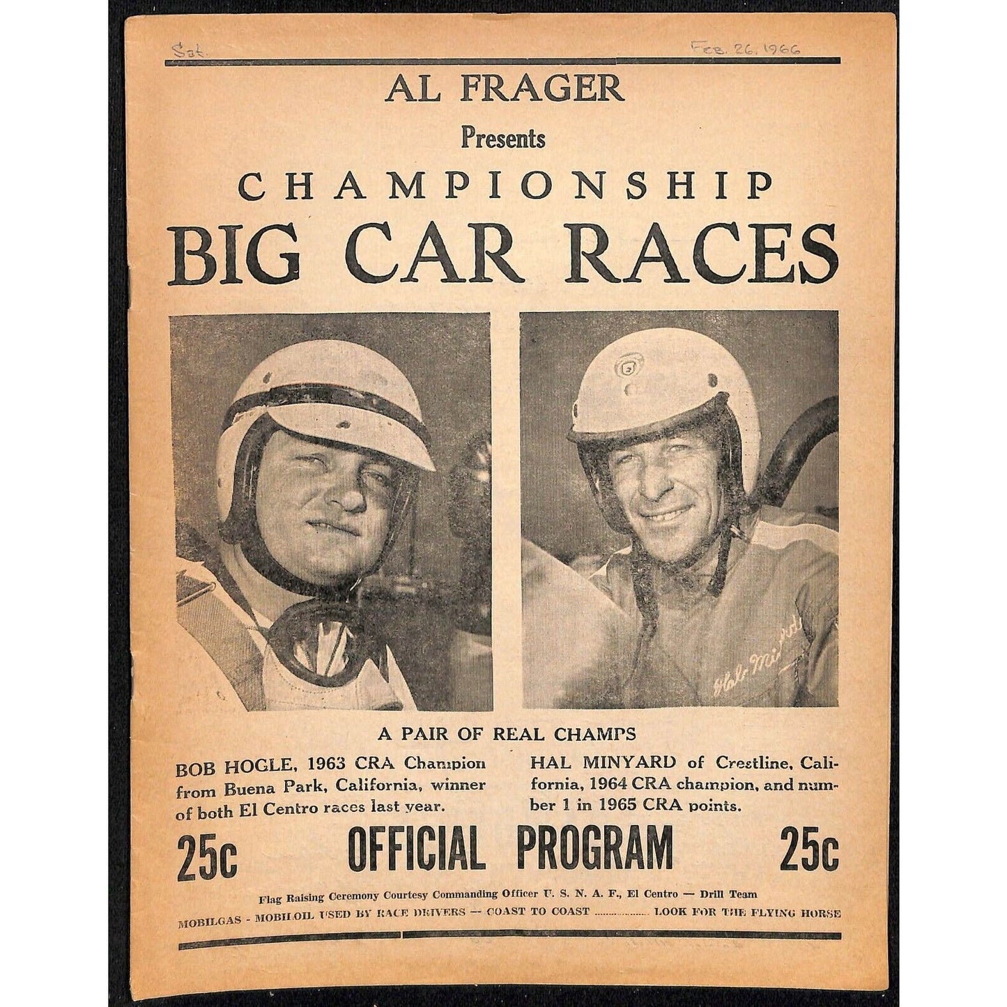 Scarce c1965-66 California Auto Racing CRA Program Big Car El Centro 16pp.Hogle