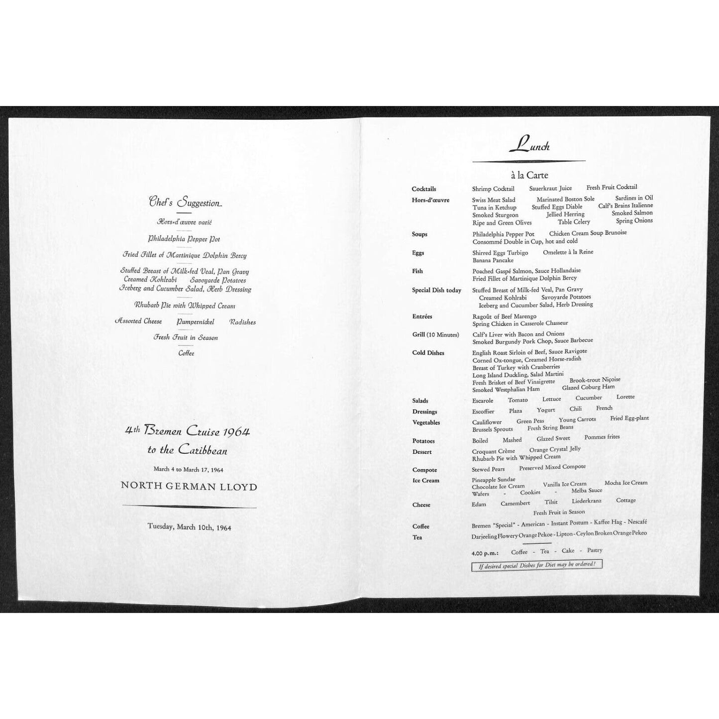 1964 North German Lloyd Bremen Cruise Line Lunch Menu Mar 10