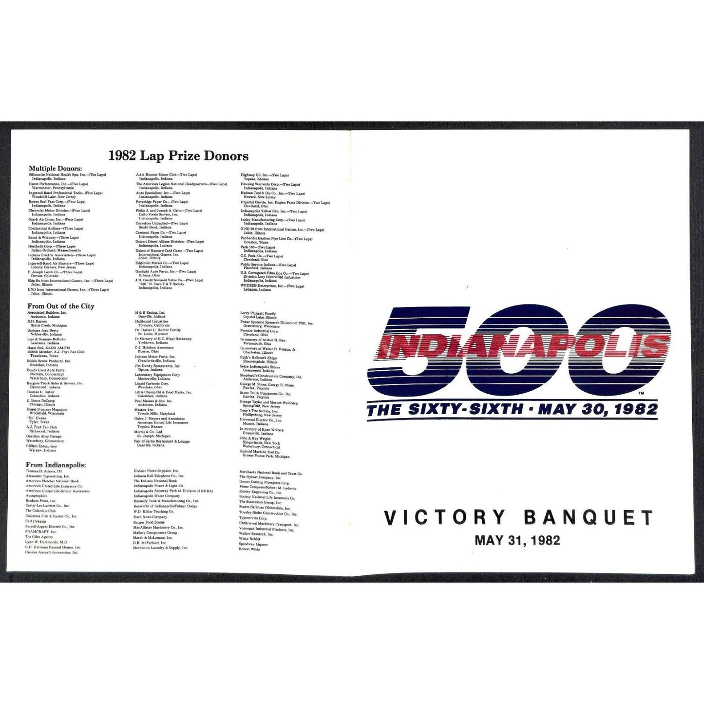 1982 Indy 500 Indianapolis Motor Speedway - Victory Banquet Program Cover Only