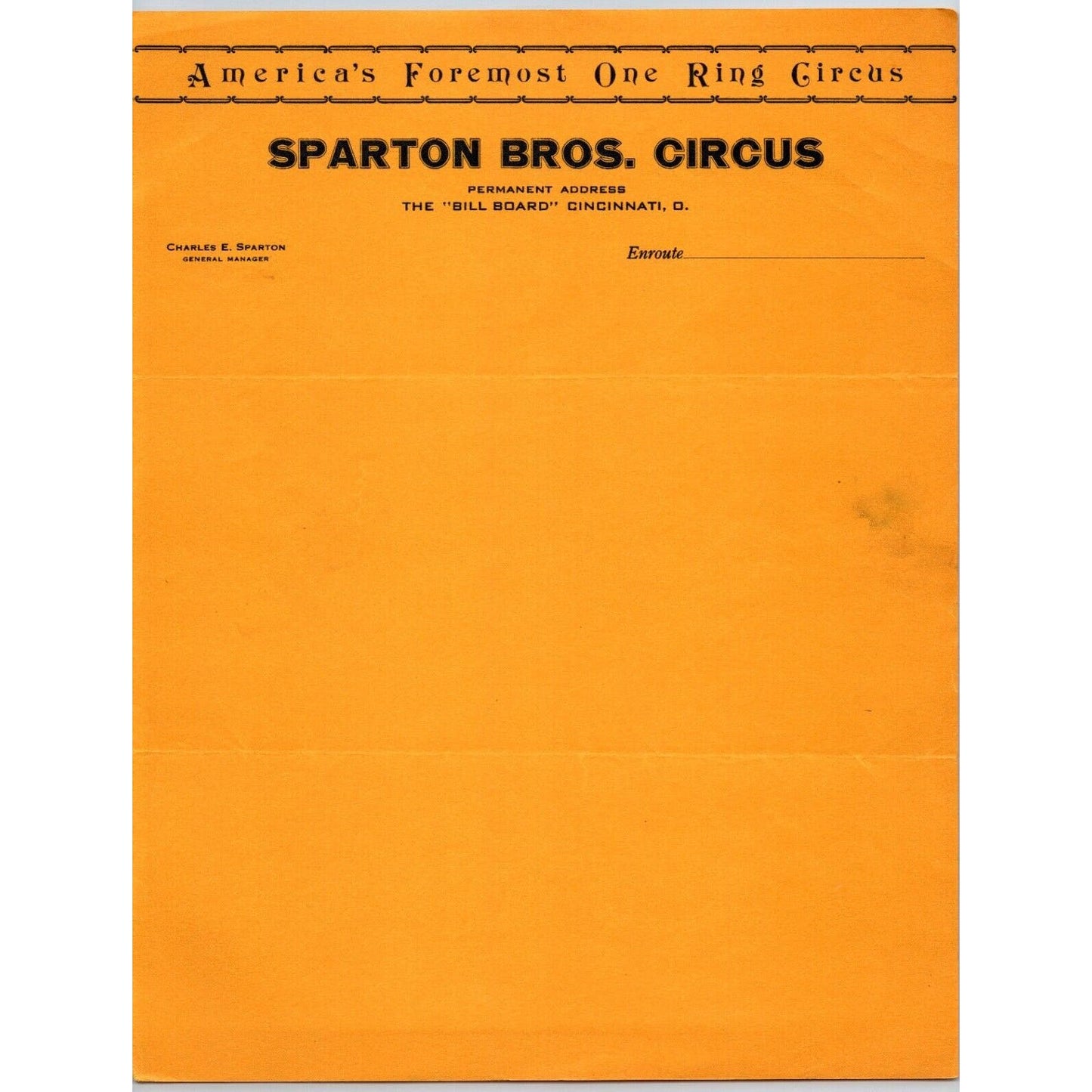 Sparton Bros Circus Letterhead c1938 "America's Foremost One Ring Circus" Scarce