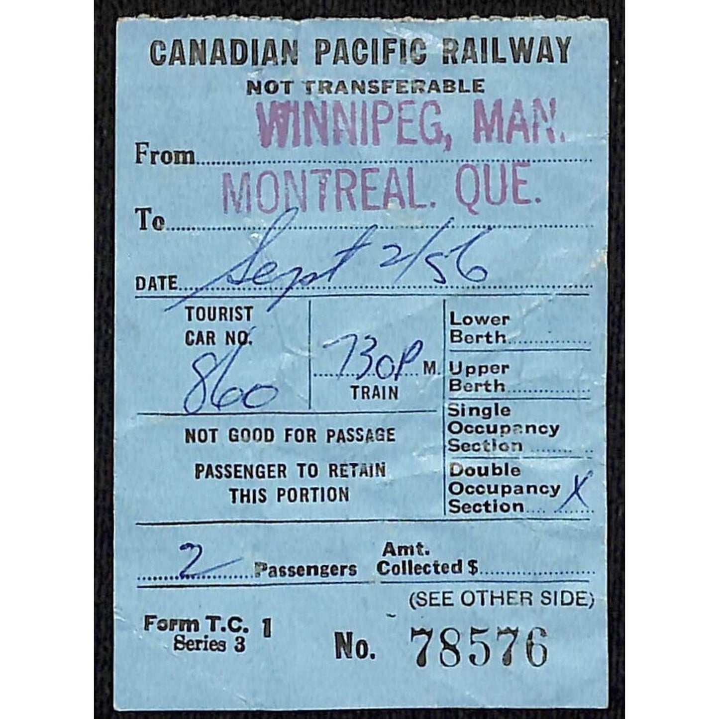 Canadian Pacific Railways Ticket Winnipeg to Montreal 1956