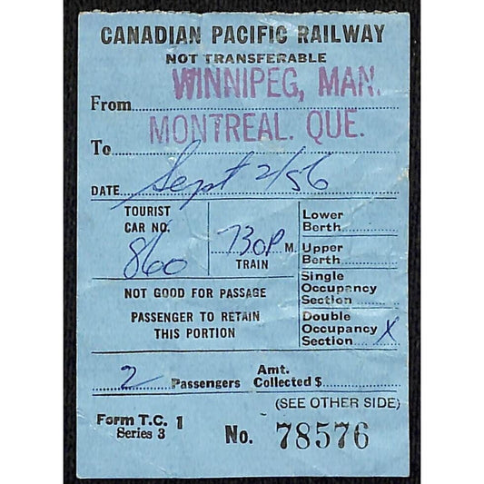 Canadian Pacific Railways Ticket Winnipeg to Montreal 1956