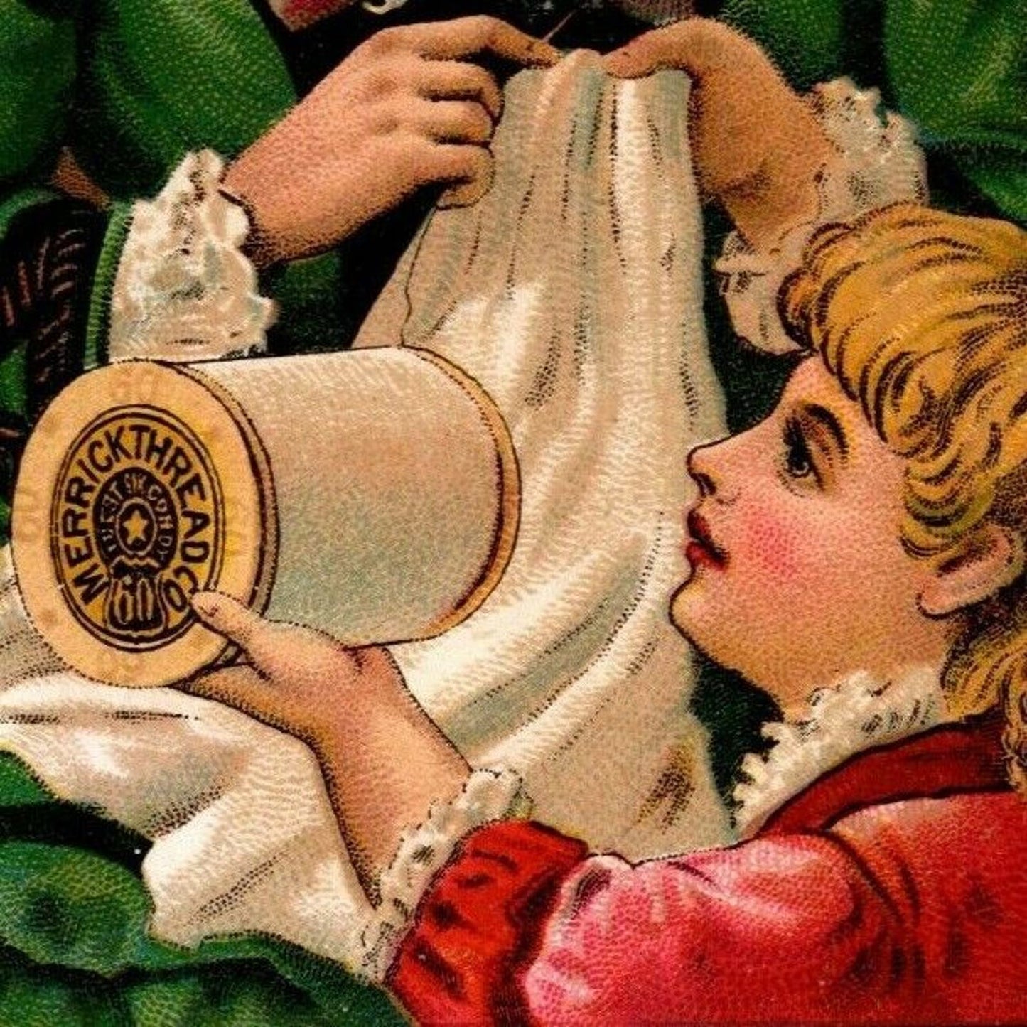 Victorian Trade Card Merrick Thread Grandma Knits w/ Child - Randolph, Ma