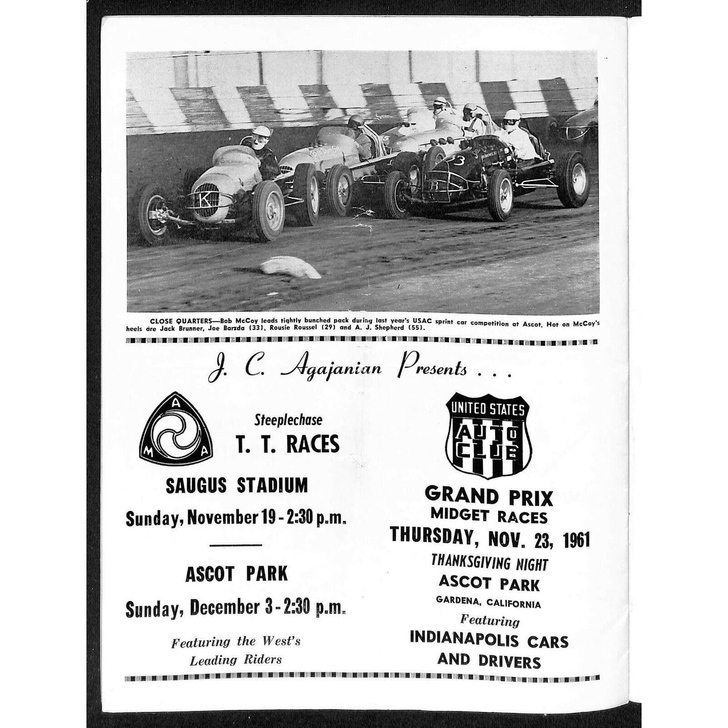 Scarce Nov 11 1961 USAC Championship Sprint Car Races Auto Racing Program Ascot