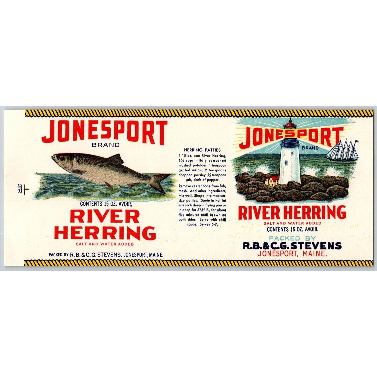 Jonesport River Herring Paper Can Label Maine Lighthouse c1940's-50's VGC