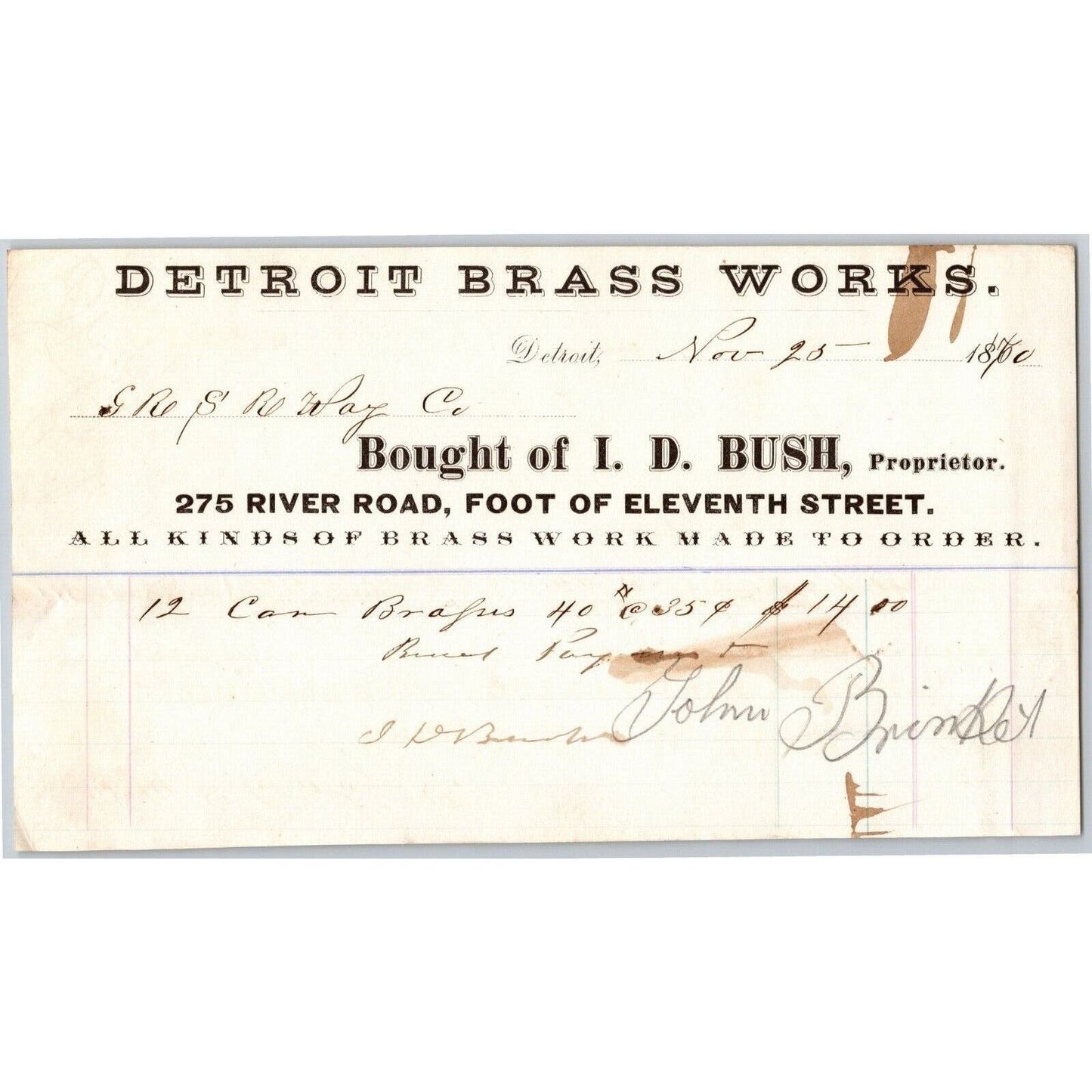 Detroit Brass Works Letterhead I. D. Bush "Brass Work Made To Order" 1870