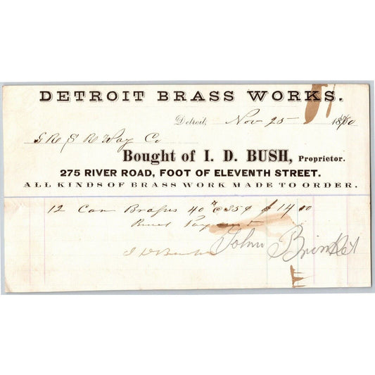 Detroit Brass Works Letterhead I. D. Bush "Brass Work Made To Order" 1870