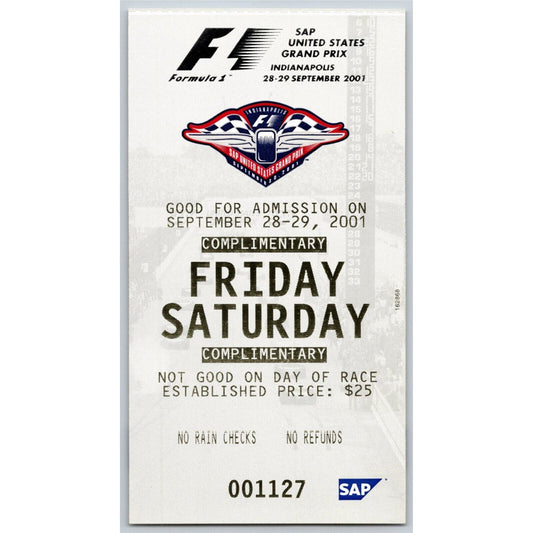 2001 Indianapolis Formula One Grand Prix Racing Fri Sat Comp Ticket #1127