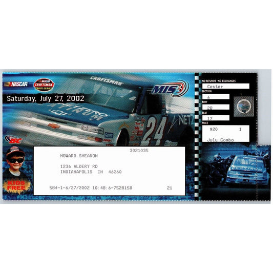 2002 Michigan International Speedway Indy 400 Saturday Ticket Stub - Seat 17