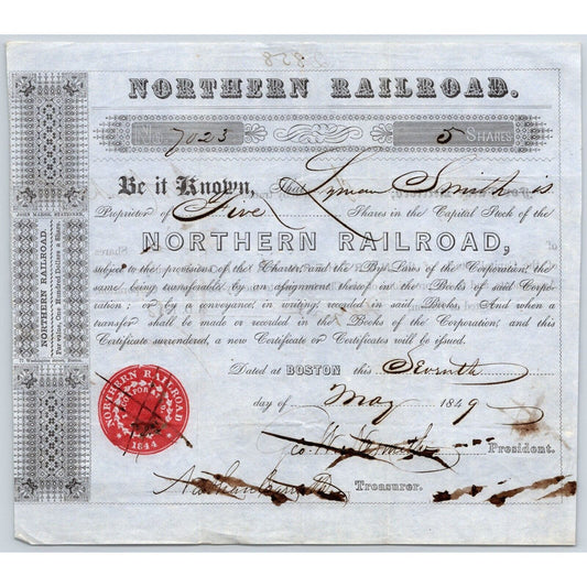 1849 Boston, MA Northern Railroad Stock Certificate No. 7023 for 5 Shares