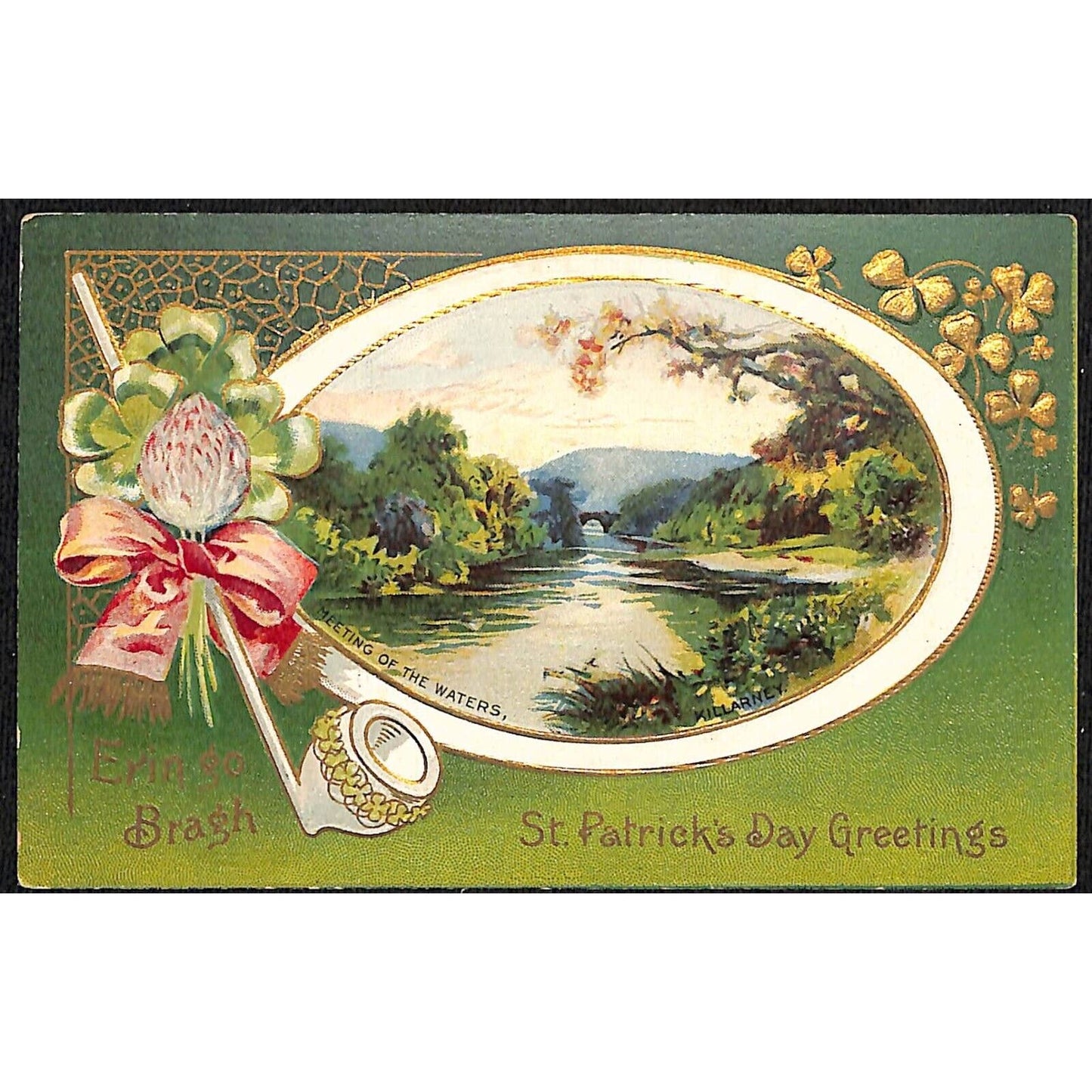 St. Patrick's Day Postcard "Meeting of the Waters" Pipe Emboss NP c1910-15