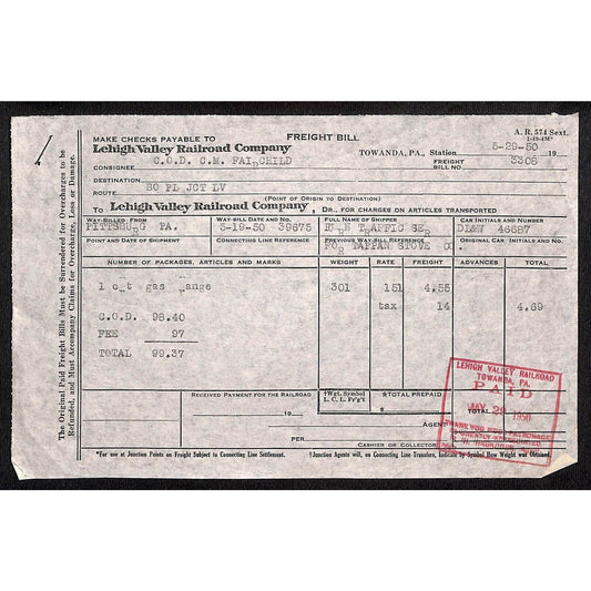 Lehigh Valley Railroad 1950 Freight Bill for Gas Range #3308