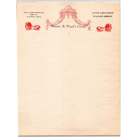 Jarmes' & Wood's Circus Letterhead c1940's "20th Century Wagon Show" Very Scarce