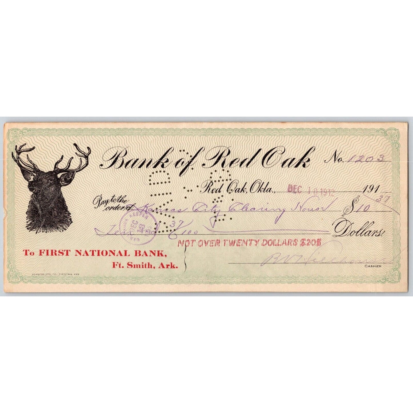 Red Rock Oklahoma Bank Check 1912 Deer / Buck Vignette