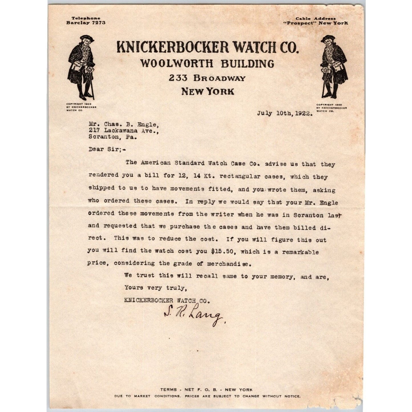 New York City Broadway Knickerbocker Watch Co. 1922 "Engel" Letterhead Scarce