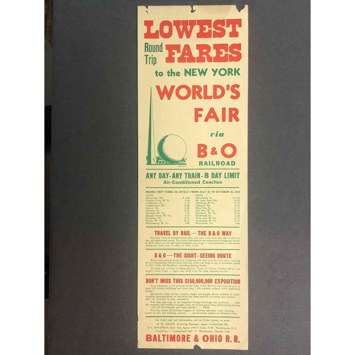 Vintage 1939 Baltimore & Ohio RR Broadside NY World's Fair Trylon Perisphere