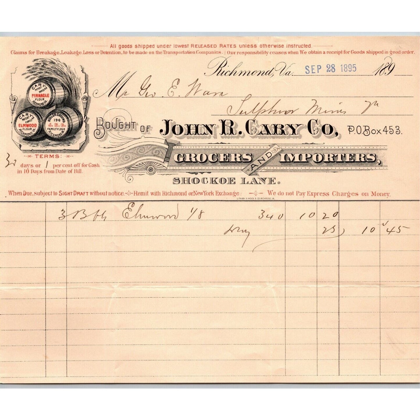 John B. Cary Co. Grocers Importers Richmond, VA Letterhead o Geo. E. Wear 1895