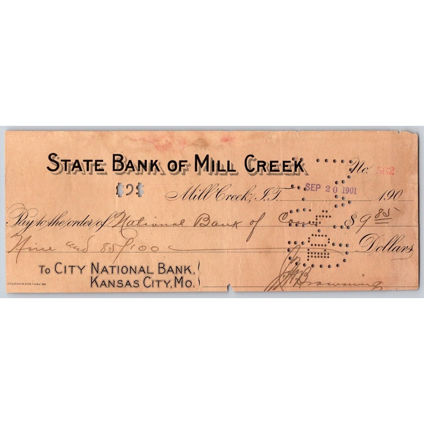 Mill Creek, OK Indian Territory 1901 State Bank of Mill Creek Check - Scarce