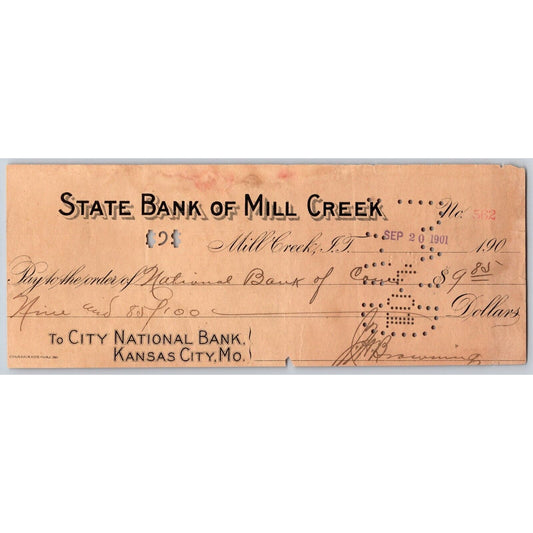 Mill Creek, OK Indian Territory 1901 State Bank of Mill Creek Check - Scarce