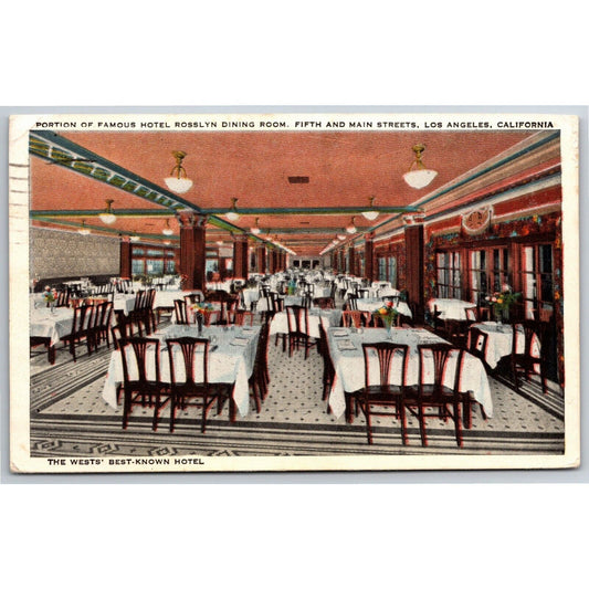 Hotel Rosslyn Dining Room Los Angeles Postcard PM 1938