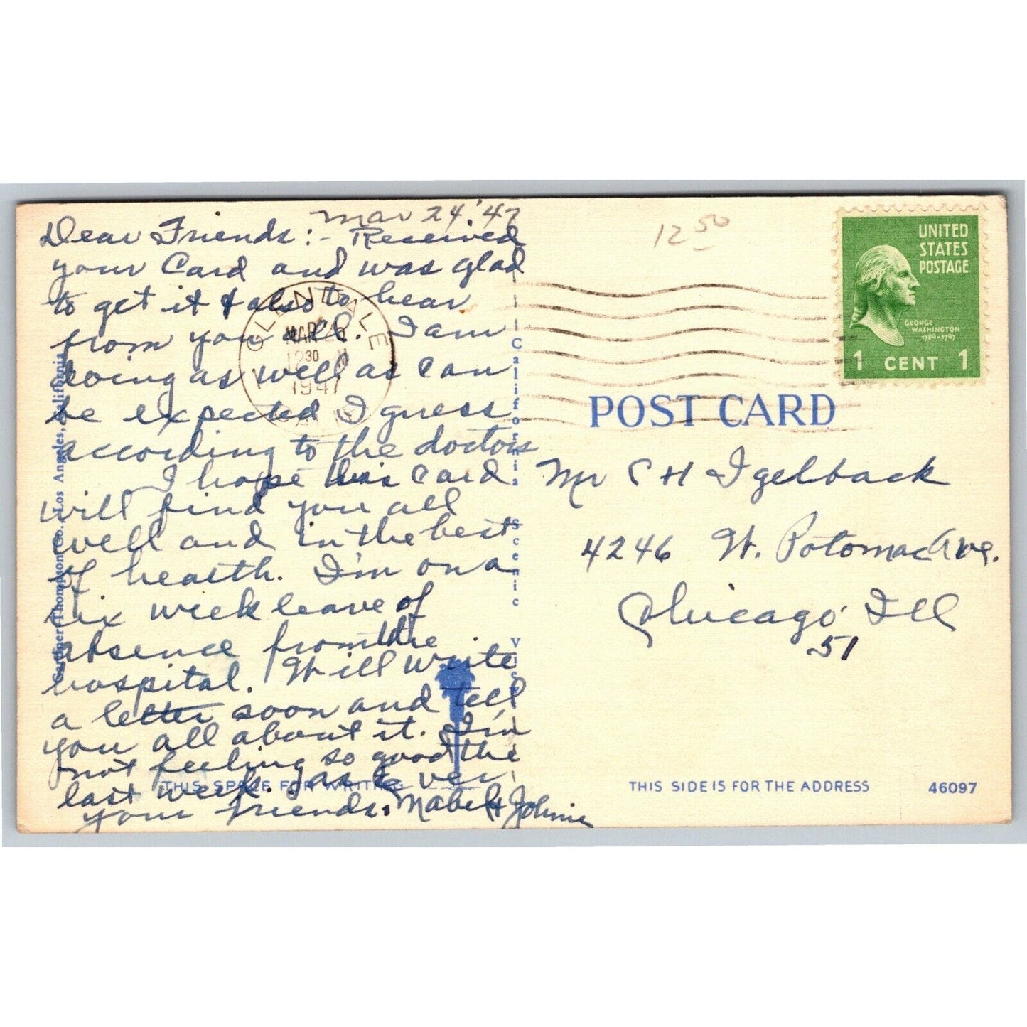 Greetings From California Ambassador Hotel Linen Postcard PM 1947 VGC