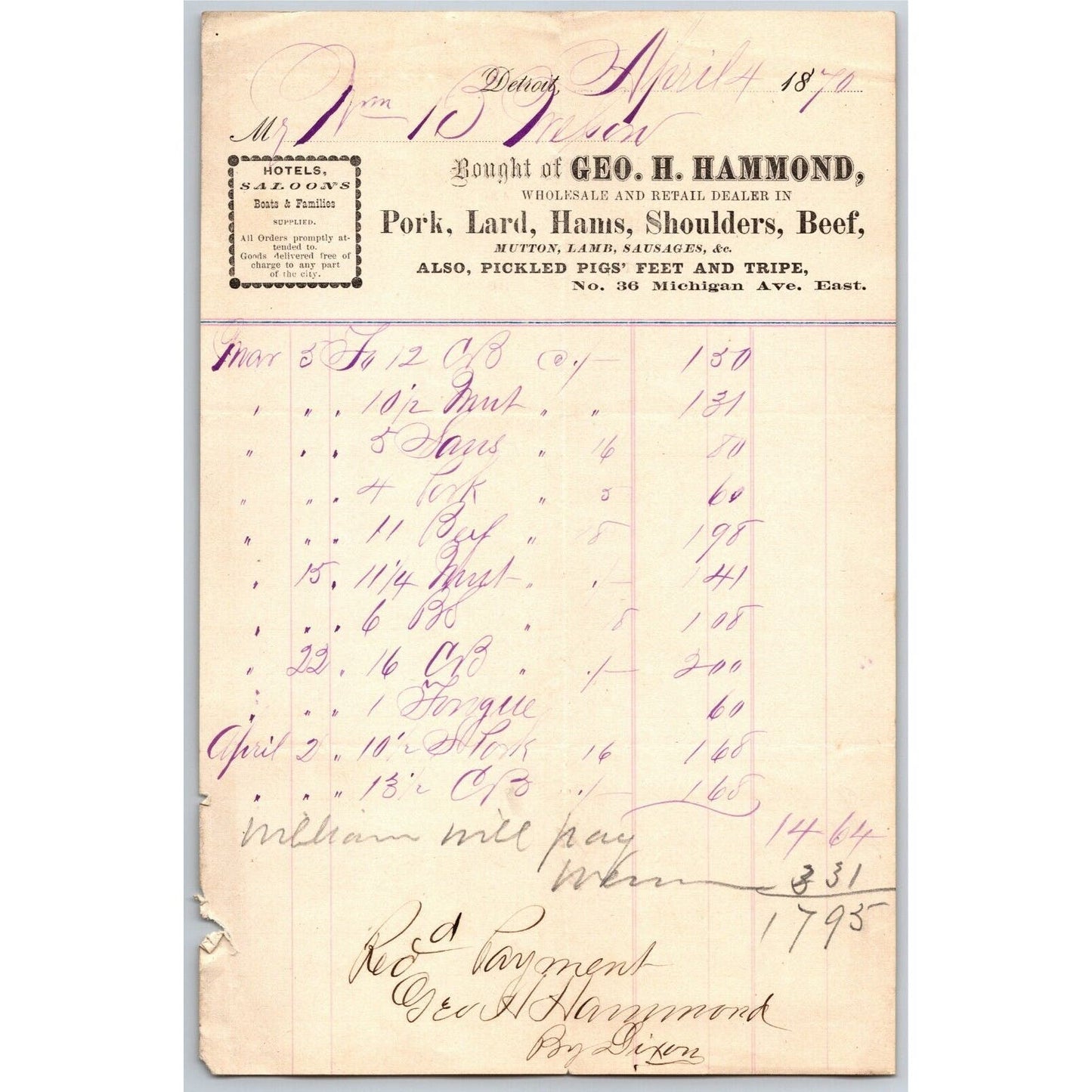 Detroit Letterhead Geo. H. Hammond - Pork Lard Hams Beef Shoulders - 1870