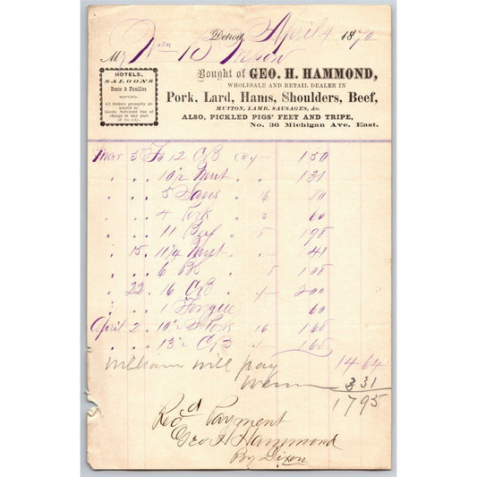 Detroit Letterhead Geo. H. Hammond - Pork Lard Hams Beef Shoulders - 1870