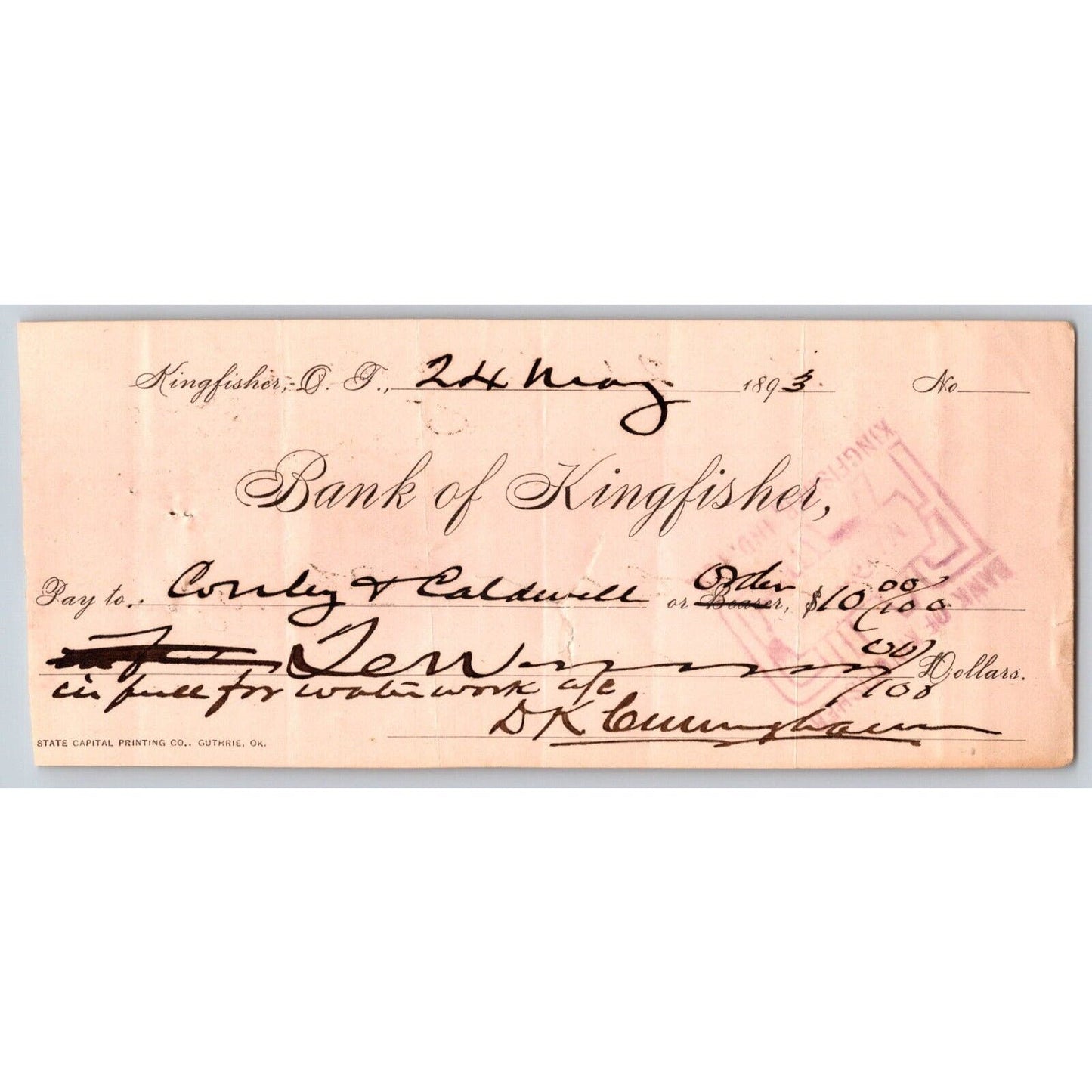 Kingfisher, Oklahoma Territorial 1893 "Bank of Kingfisher" Bank Check - Scarce