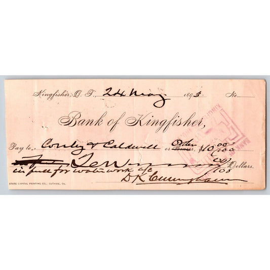 Kingfisher, Oklahoma Territorial 1893 "Bank of Kingfisher" Bank Check - Scarce