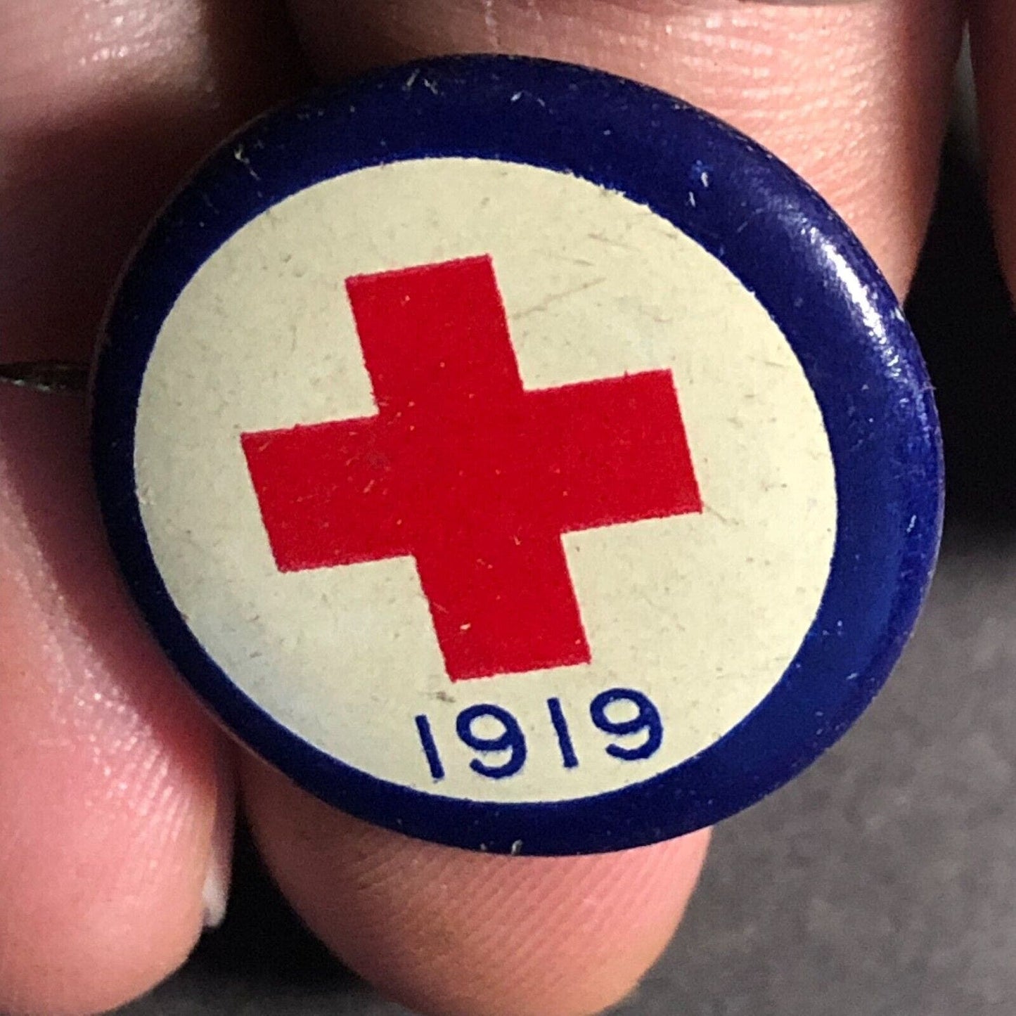 1919 Red Cross WWI Era Small Steel Pinback Button w/ Blue Border